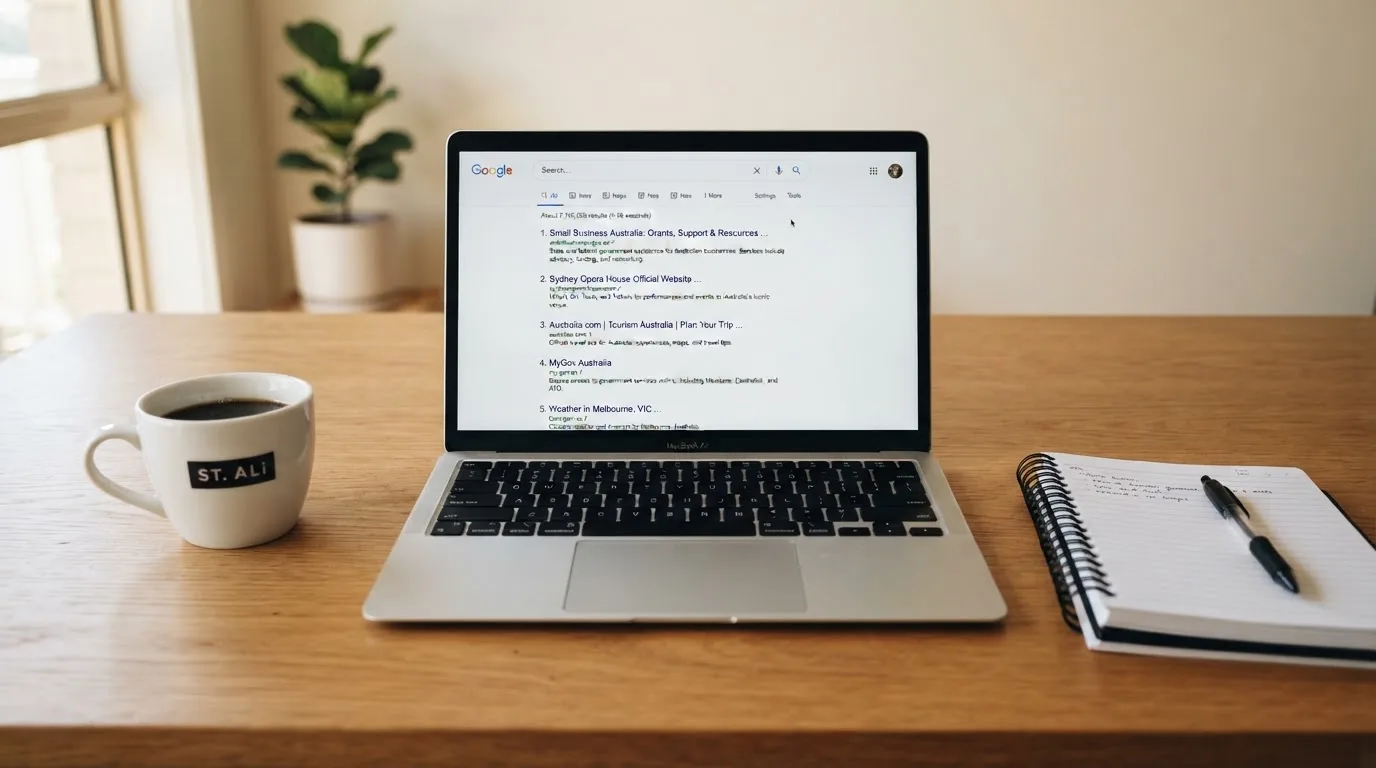 A tidy desk with a laptop open on a plain search-results page, a notebook and a coffee cup beside it, no screens showing any casino branding.