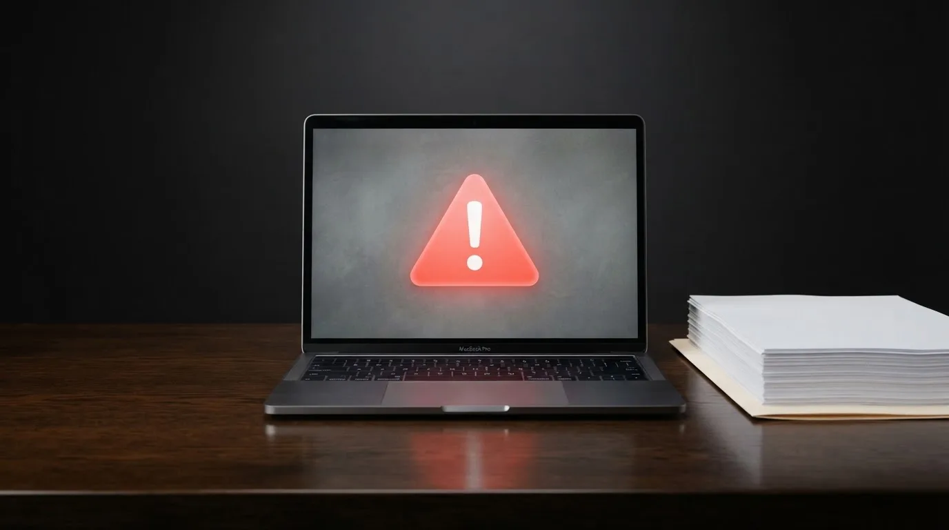 A red triangular warning sign icon on a laptop screen next to a stack of legal papers, symbolising an official caution rather than any specific website.