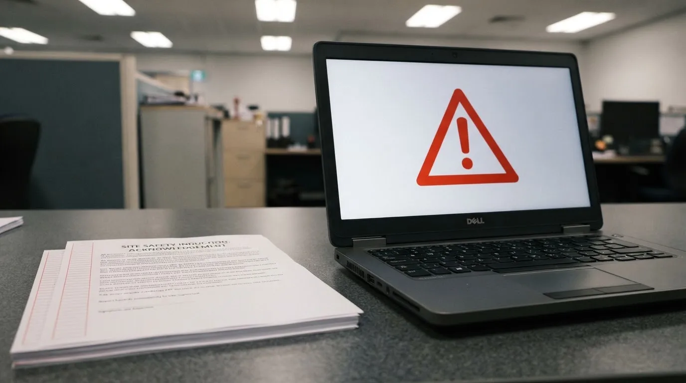 A red triangular warning sign icon on a laptop screen next to a stack of legal papers, symbolising an official caution rather than any specific website.