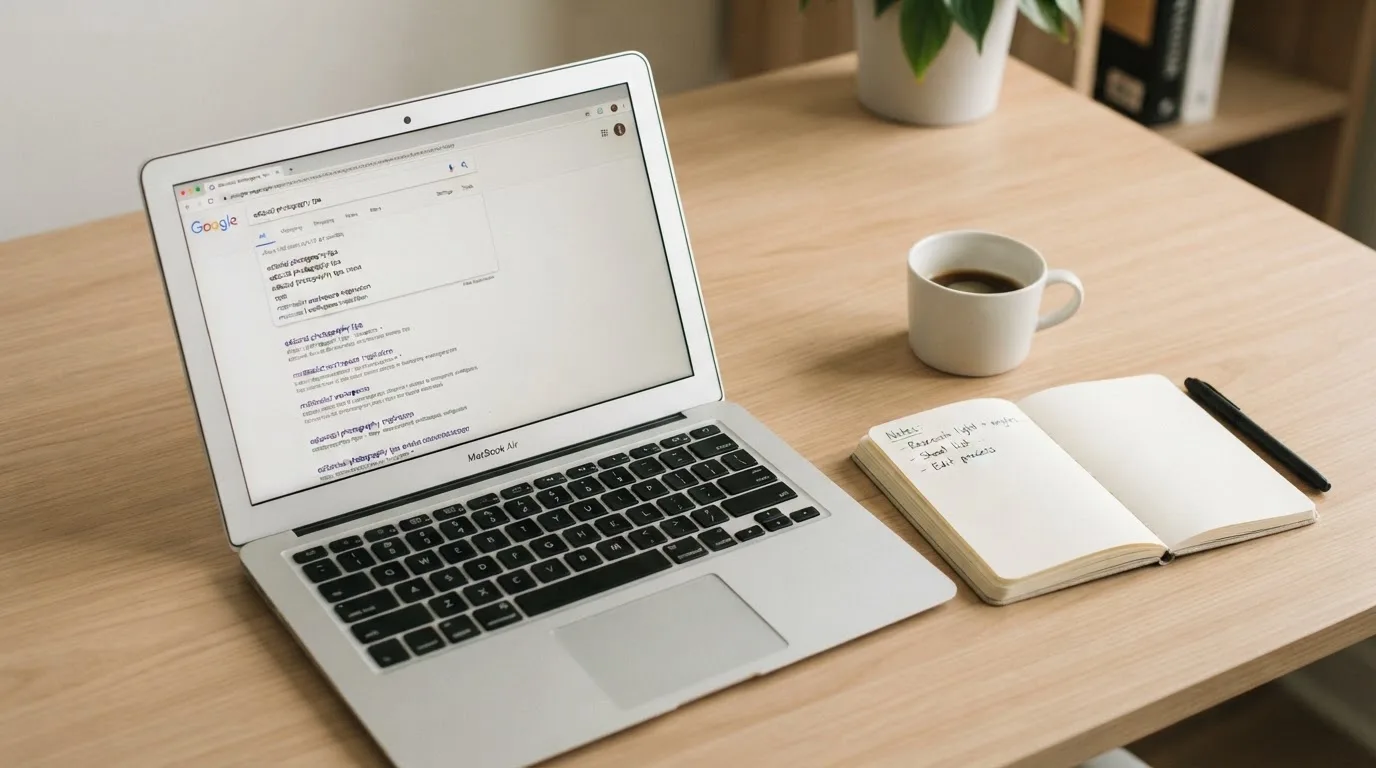 A tidy desk with a laptop open on a plain search-results page, a notebook and a coffee cup beside it, no screens showing any casino branding.