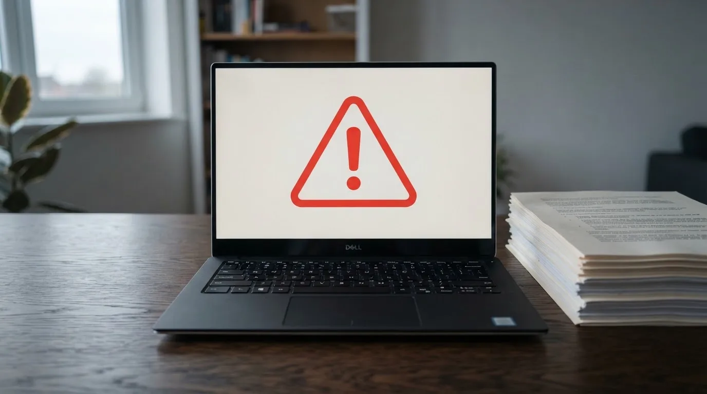A red triangular warning sign icon on a laptop screen next to a stack of legal papers, symbolising an official caution rather than any specific website.