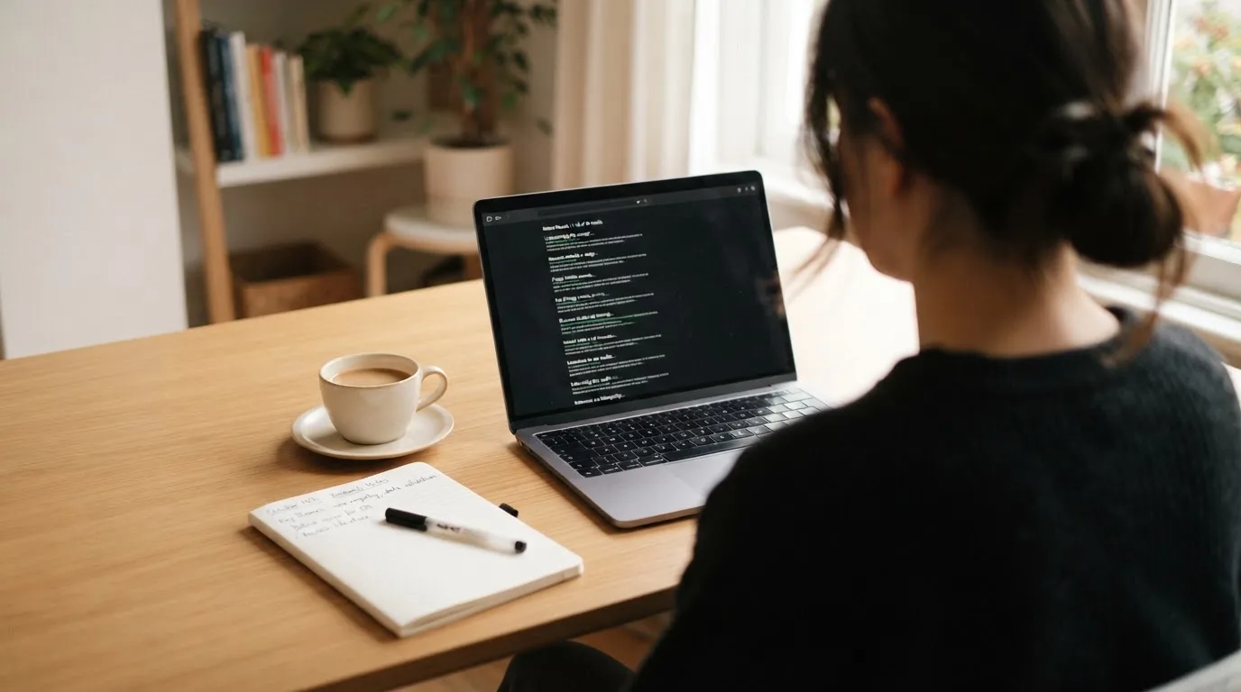 A tidy desk with a laptop open on a plain search-results page, a notebook and a coffee cup beside it, no screens showing any casino branding.