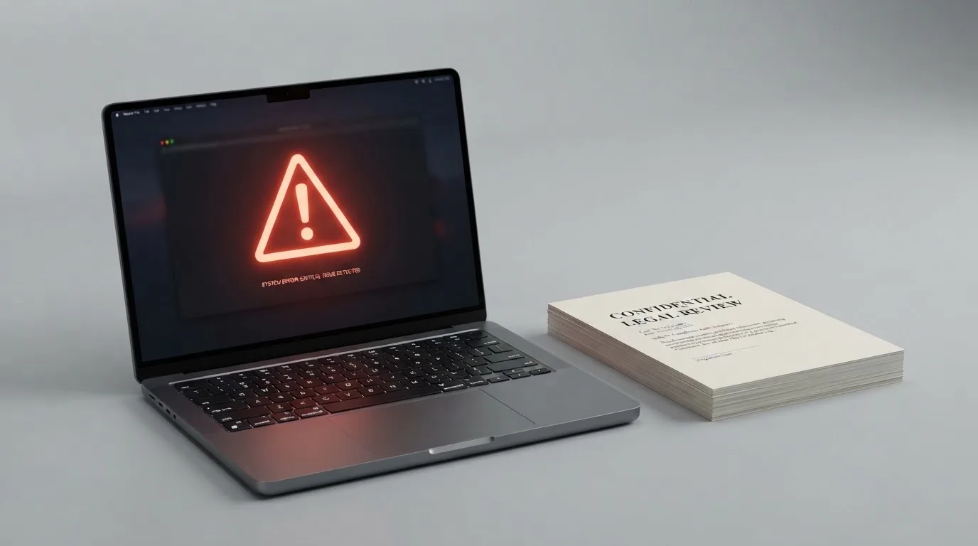 A red triangular warning sign icon on a laptop screen next to a stack of legal papers, symbolising an official caution rather than any specific website.