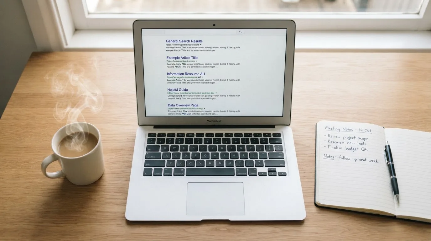 A tidy desk with a laptop open on a plain search-results page, a notebook and a coffee cup beside it, no screens showing any casino branding.