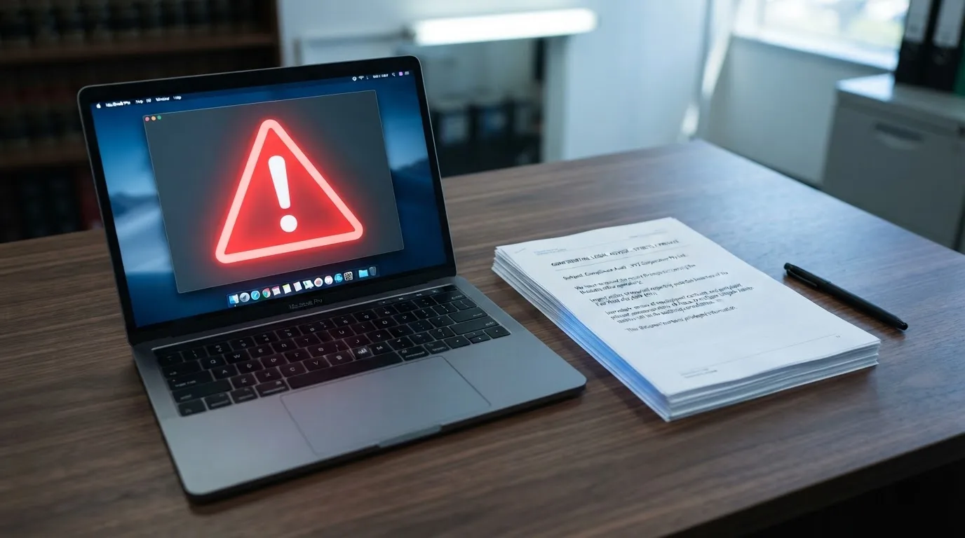 A red triangular warning sign icon on a laptop screen next to a stack of legal papers, symbolising an official caution rather than any specific website.