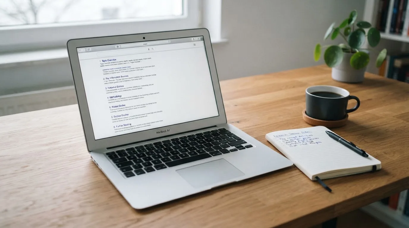 A tidy desk with a laptop open on a plain search-results page, a notebook and a coffee cup beside it, no screens showing any casino branding.