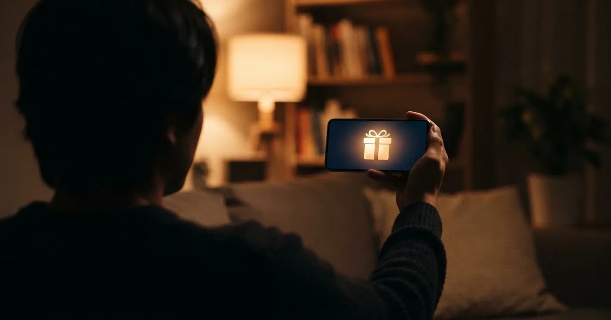 A gift box icon glowing on a phone screen, held at arm's length, suggesting an unopened offer rather than an active game.