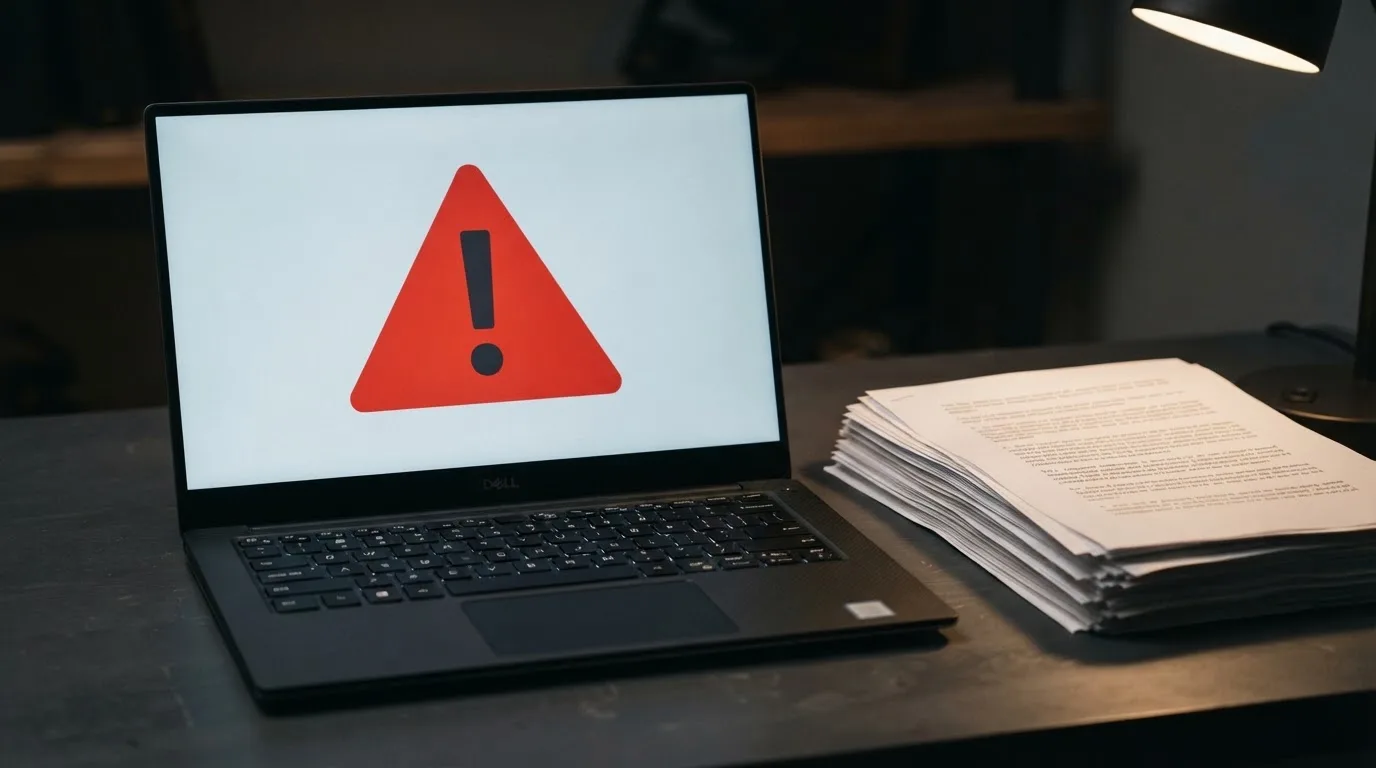 A red triangular warning sign icon on a laptop screen next to a stack of legal papers, symbolising an official caution rather than any specific website.