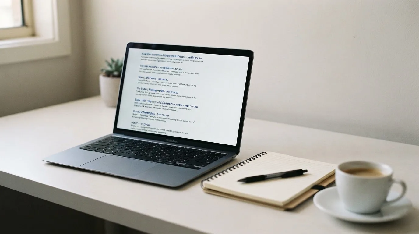 A tidy desk with a laptop open on a plain search-results page, a notebook and a coffee cup beside it, no screens showing any casino branding.