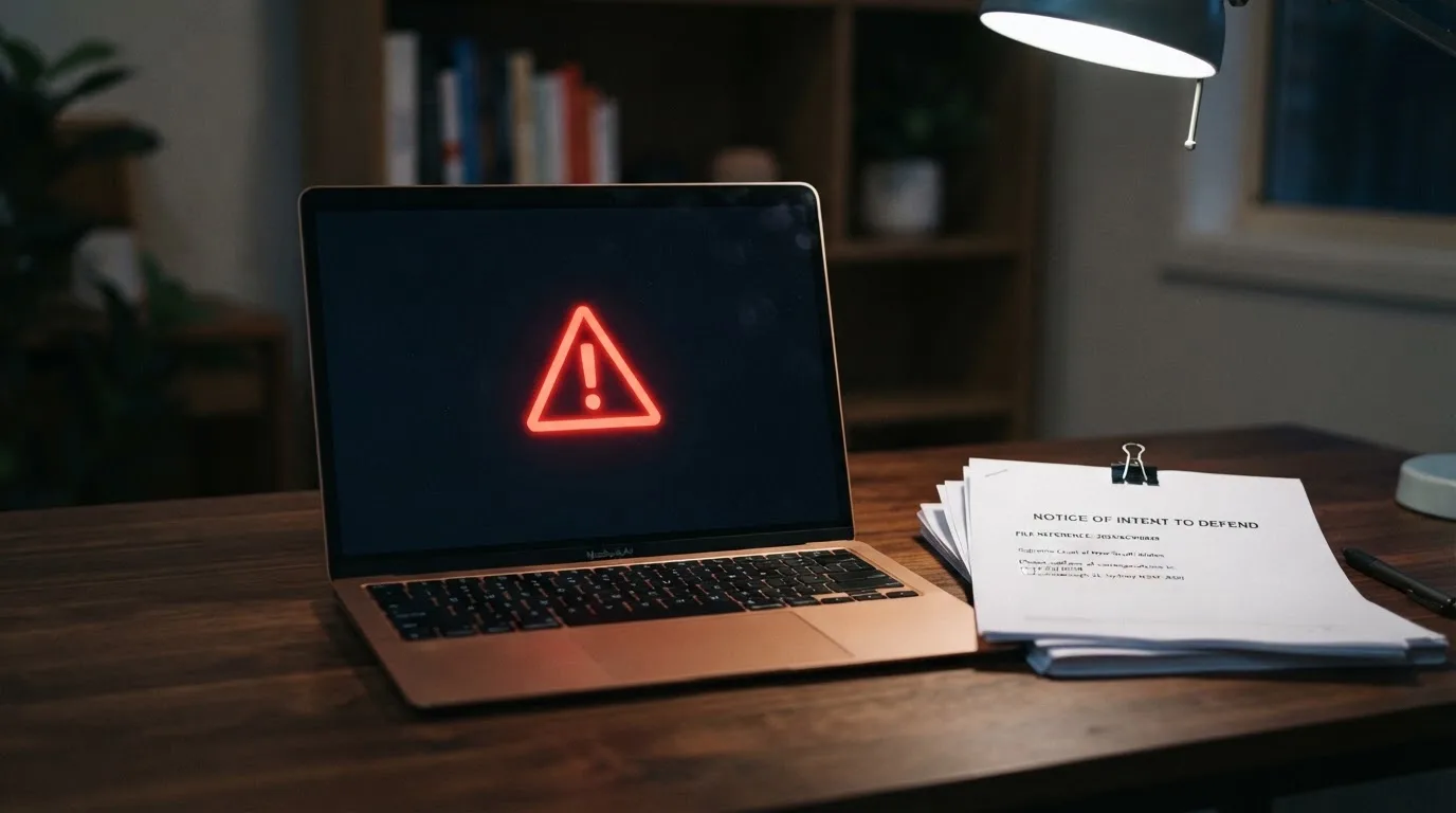 A red triangular warning sign icon on a laptop screen next to a stack of legal papers, symbolising an official caution rather than any specific website.