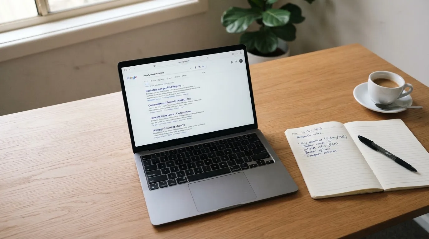 A tidy desk with a laptop open on a plain search-results page, a notebook and a coffee cup beside it, no screens showing any casino branding.