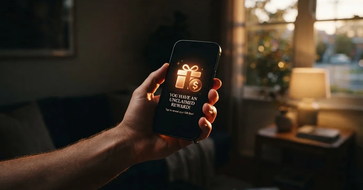 A gift box icon glowing on a phone screen, held at arm's length, suggesting an unopened offer rather than an active game.