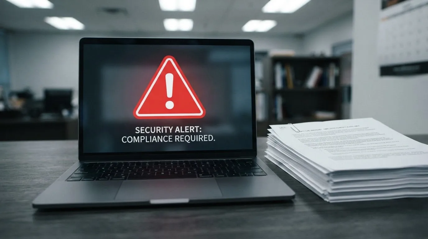 A red triangular warning sign icon on a laptop screen next to a stack of legal papers, symbolising an official caution rather than any specific website.