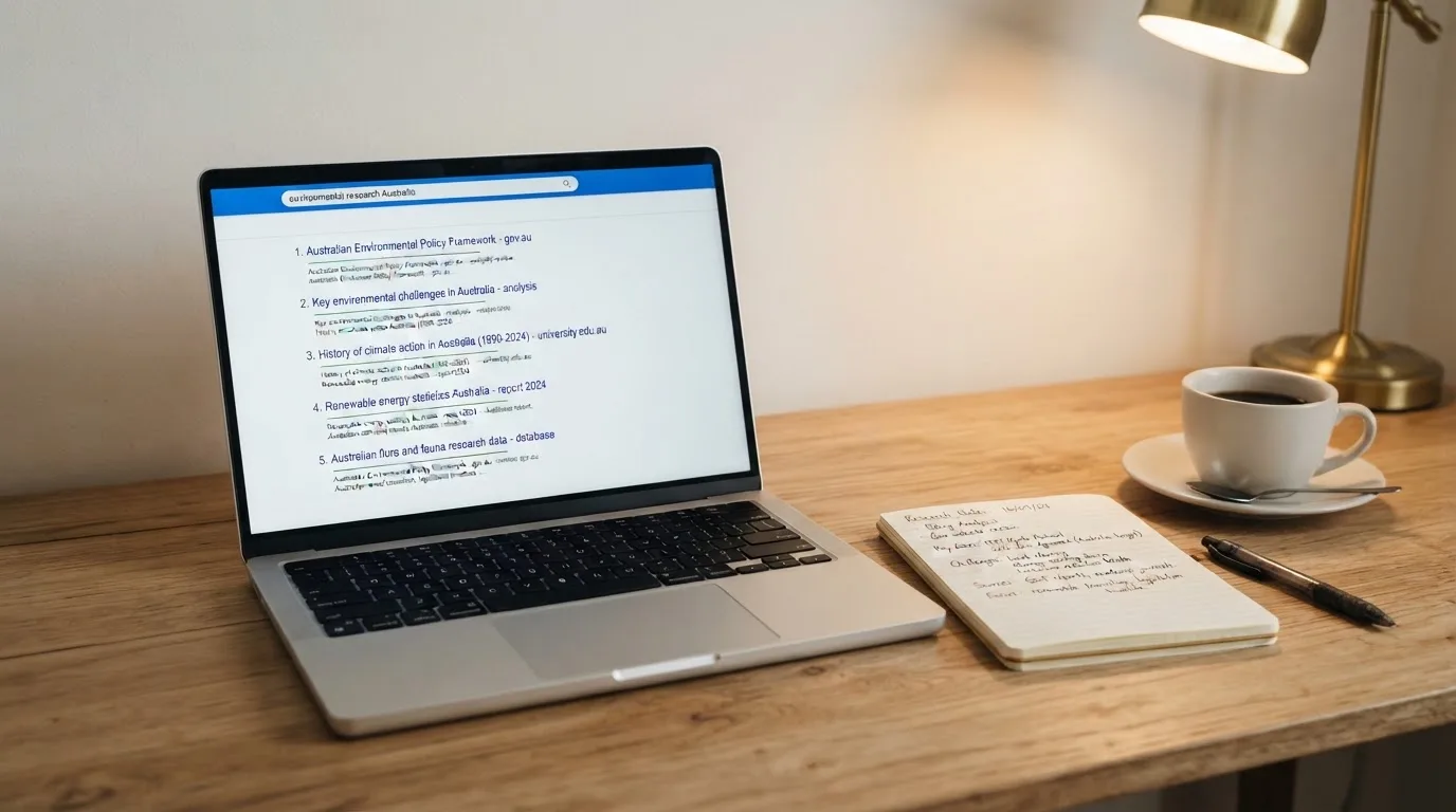 A tidy desk with a laptop open on a plain search-results page, a notebook and a coffee cup beside it, no screens showing any casino branding.