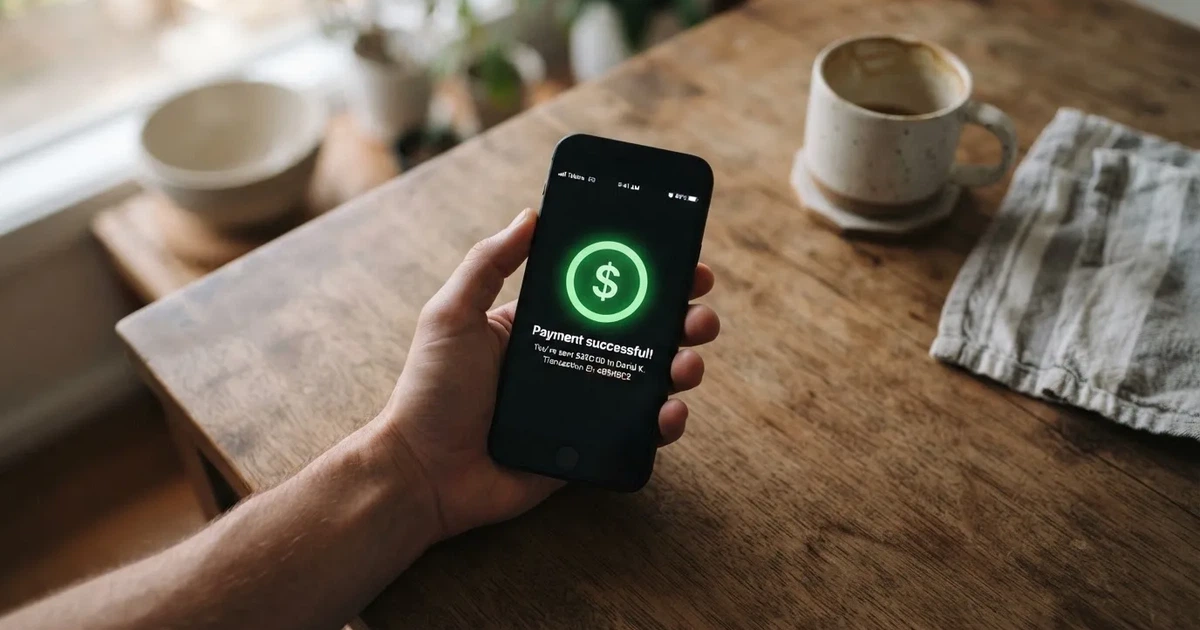 A smartphone screen showing a generic bank-transfer confirmation tick, held over a kitchen table.
