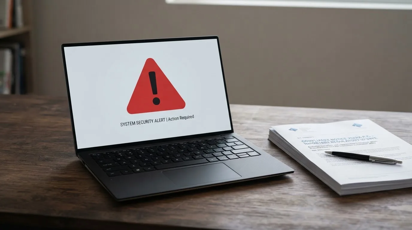 A red triangular warning sign icon on a laptop screen next to a stack of legal papers, symbolising an official caution rather than any specific website.