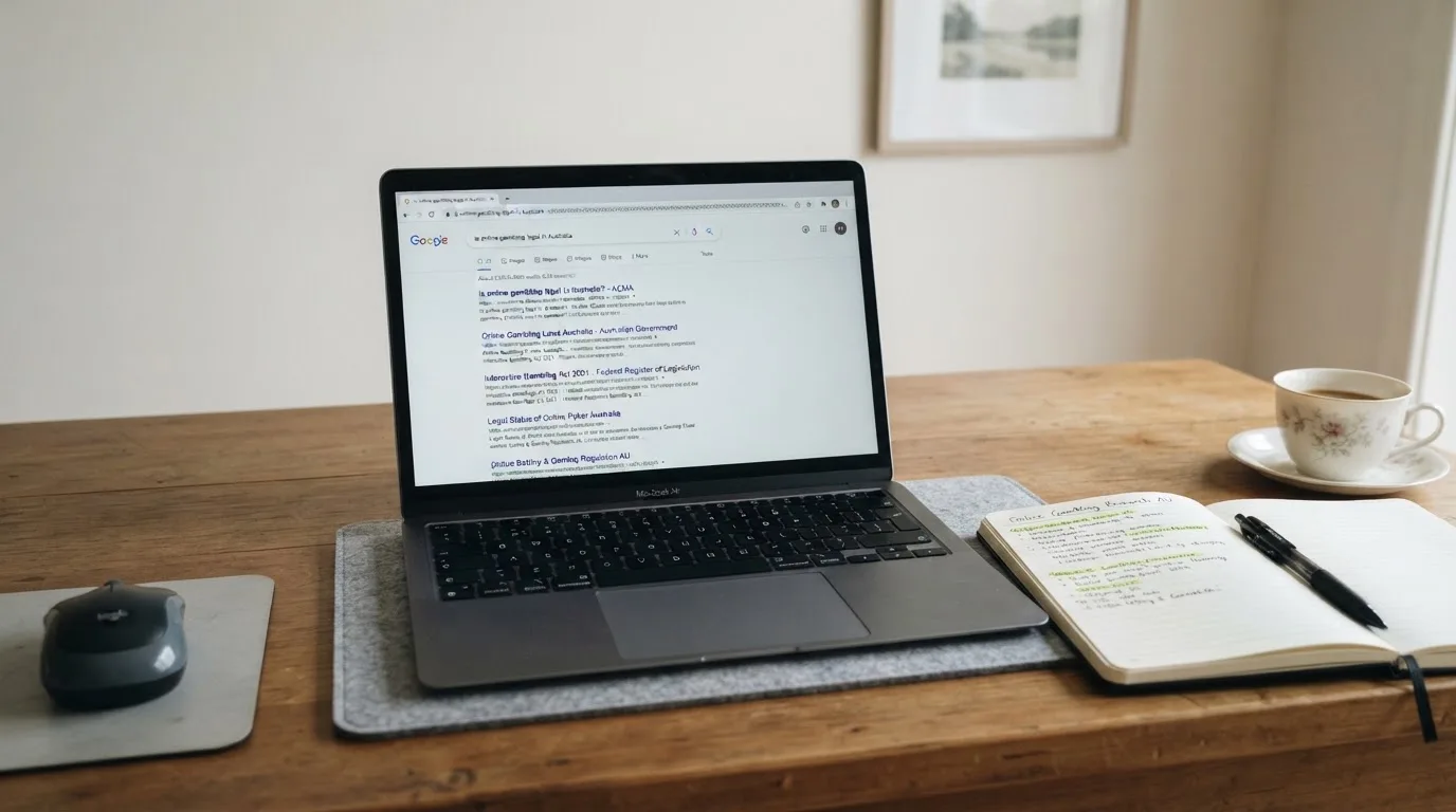 A tidy desk with a laptop open on a plain search-results page, a notebook and a coffee cup beside it, no screens showing any casino branding.