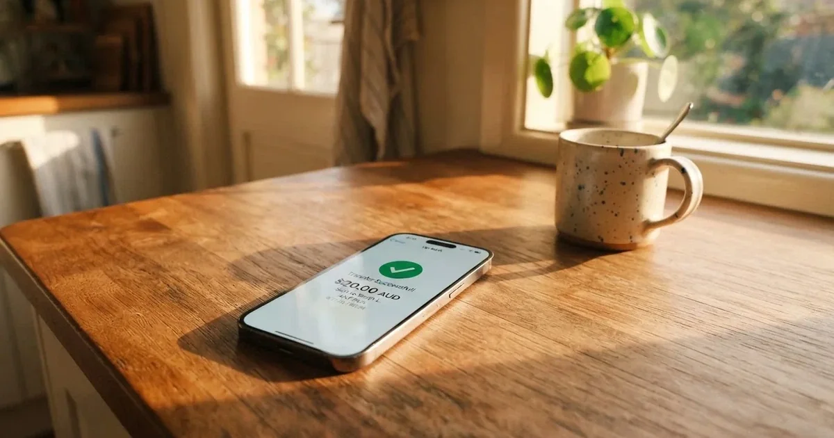 A smartphone screen showing a generic bank-transfer confirmation tick, held over a kitchen table.