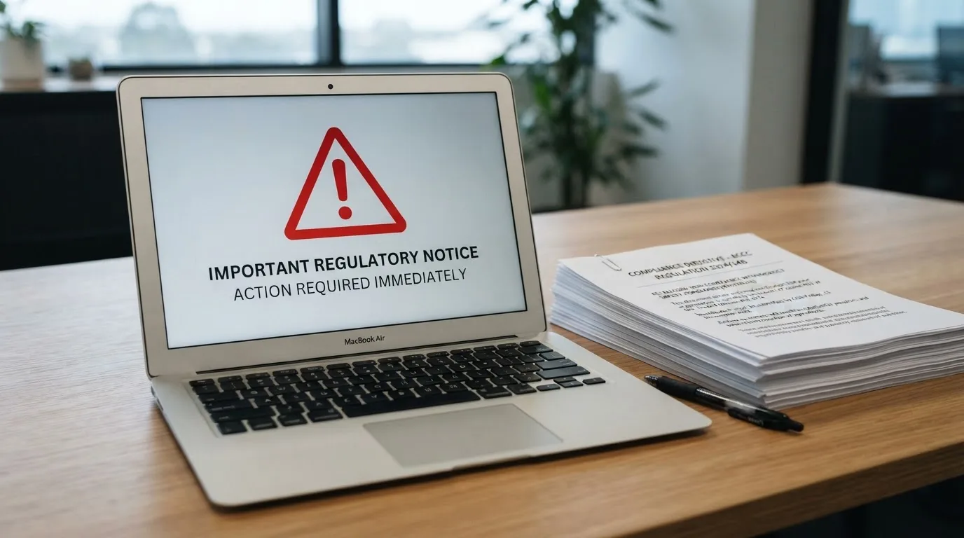 A red triangular warning sign icon on a laptop screen next to a stack of legal papers, symbolising an official caution rather than any specific website.