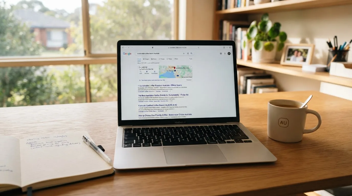 A tidy desk with a laptop open on a plain search-results page, a notebook and a coffee cup beside it, no screens showing any casino branding.