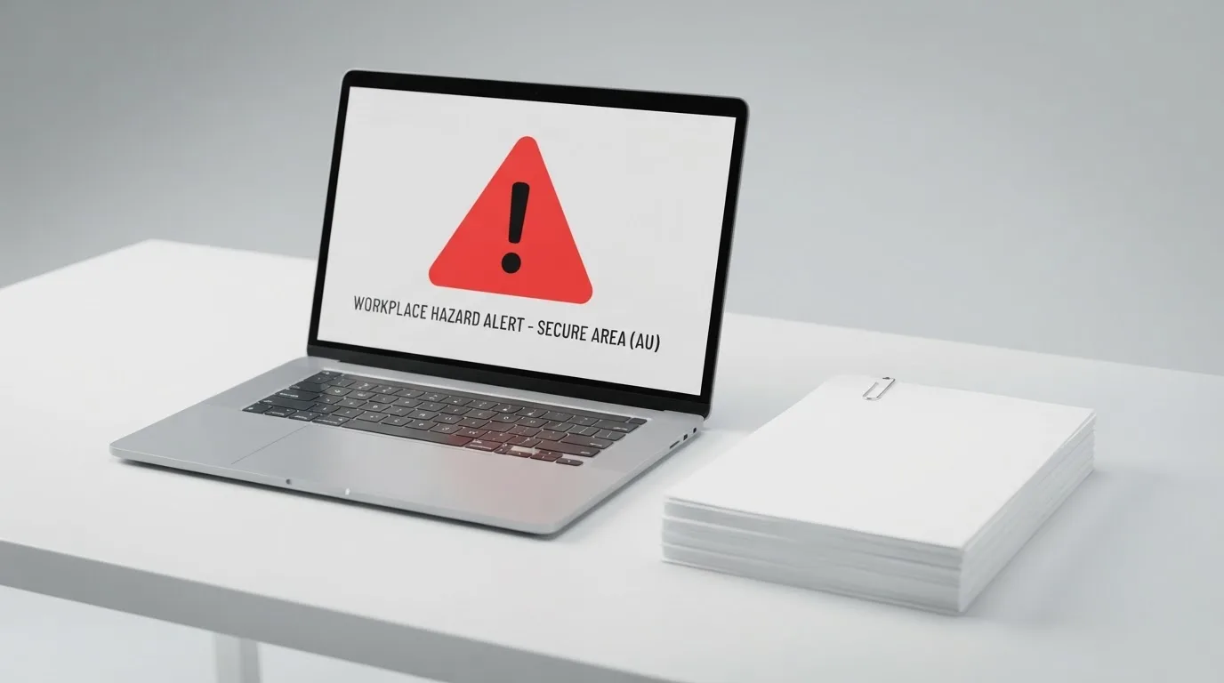 A red triangular warning sign icon on a laptop screen next to a stack of legal papers, symbolising an official caution rather than any specific website.