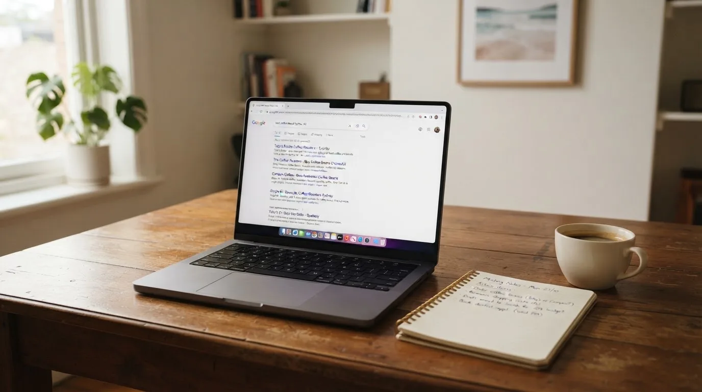 A tidy desk with a laptop open on a plain search-results page, a notebook and a coffee cup beside it, no screens showing any casino branding.