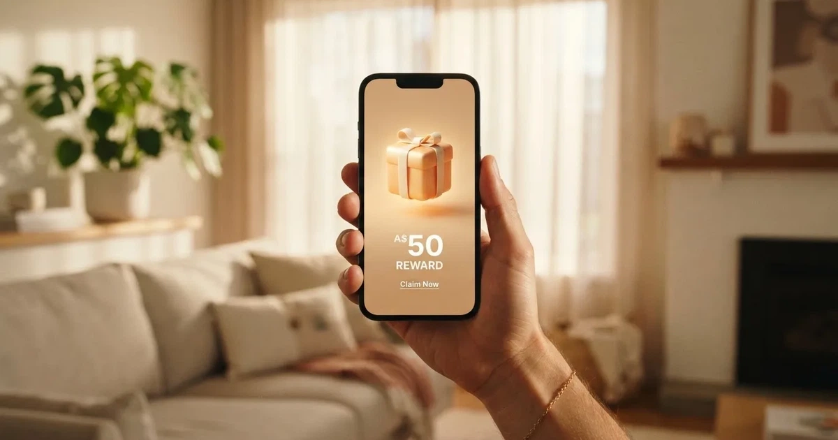 A gift box icon glowing on a phone screen, held at arm's length, suggesting an unopened offer rather than an active game.