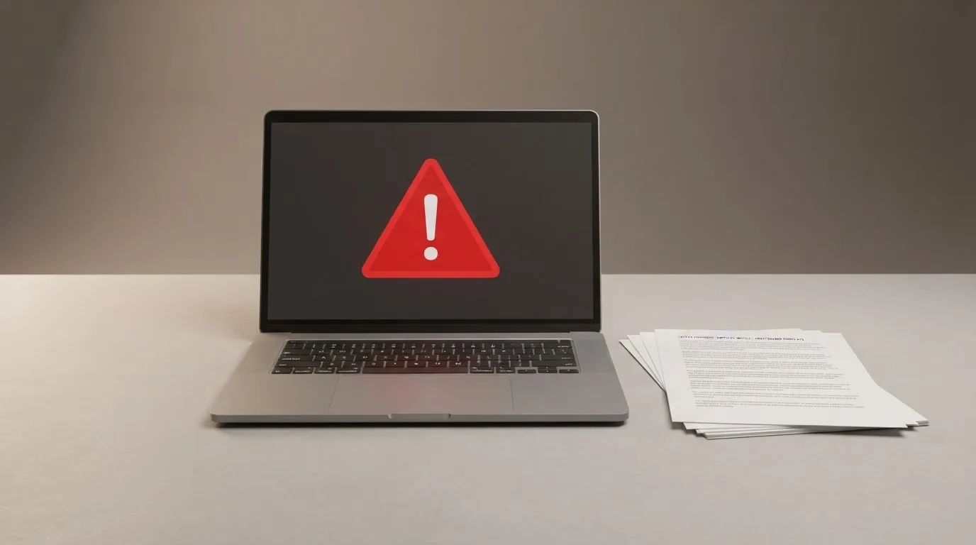 A red triangular warning sign icon on a laptop screen next to a stack of legal papers, symbolising an official caution rather than any specific website.