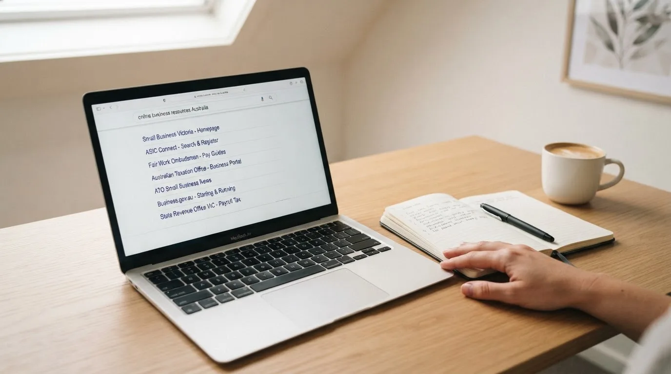 A tidy desk with a laptop open on a plain search-results page, a notebook and a coffee cup beside it, no screens showing any casino branding.
