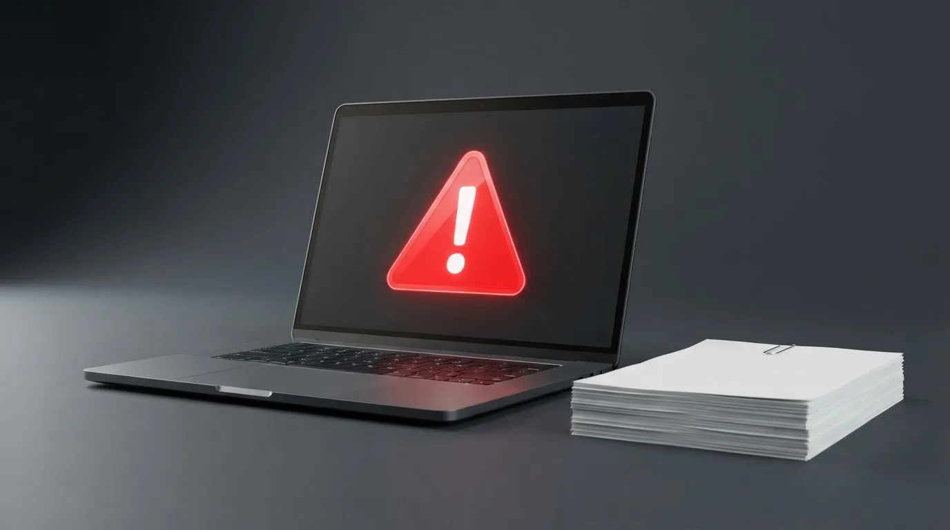 A red triangular warning sign icon on a laptop screen next to a stack of legal papers, symbolising an official caution rather than any specific website.