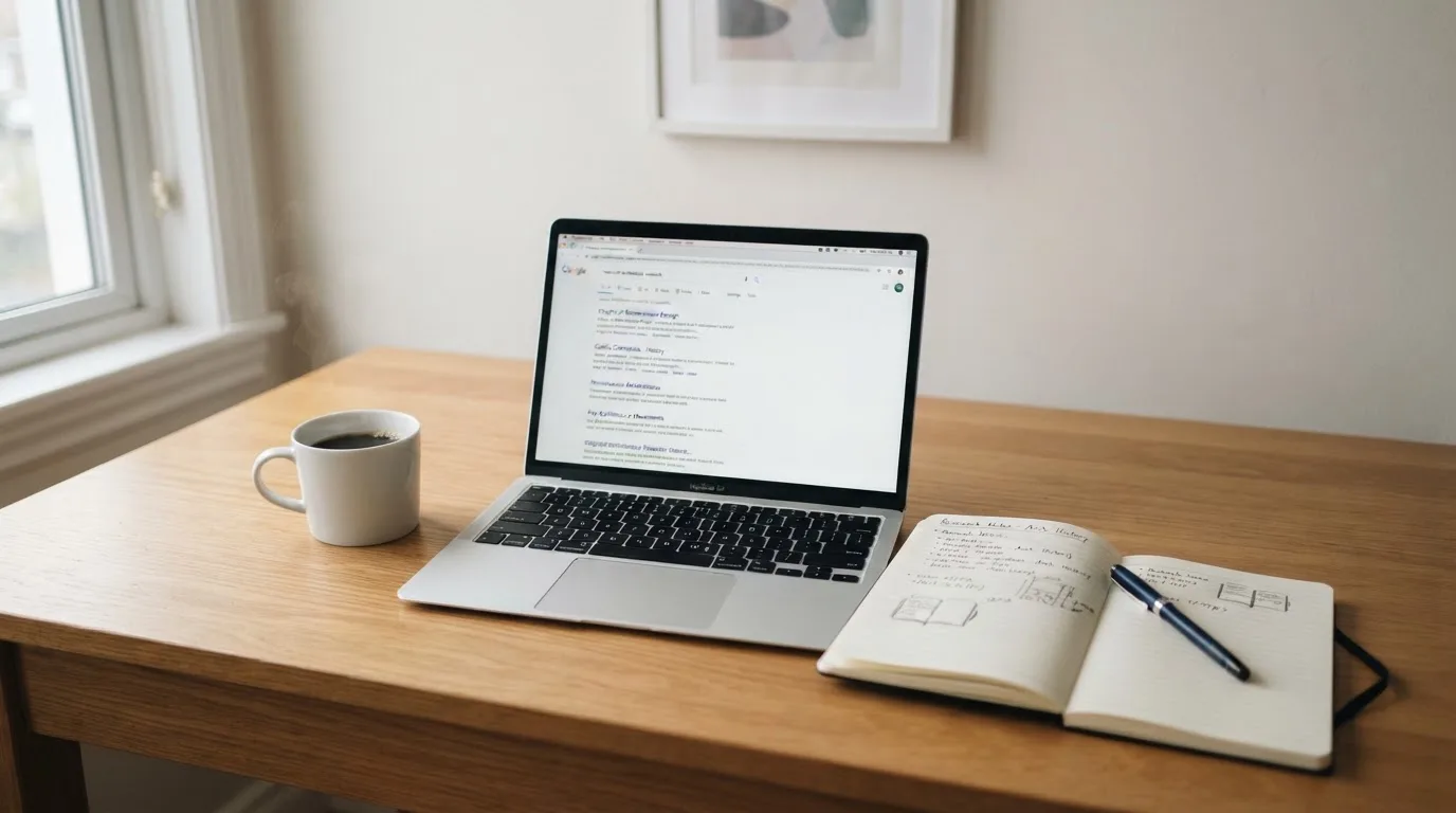 A tidy desk with a laptop open on a plain search-results page, a notebook and a coffee cup beside it, no screens showing any casino branding.