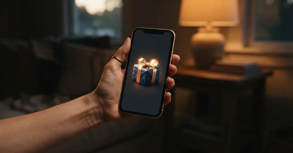 A gift box icon glowing on a phone screen, held at arm's length, suggesting an unopened offer rather than an active game.