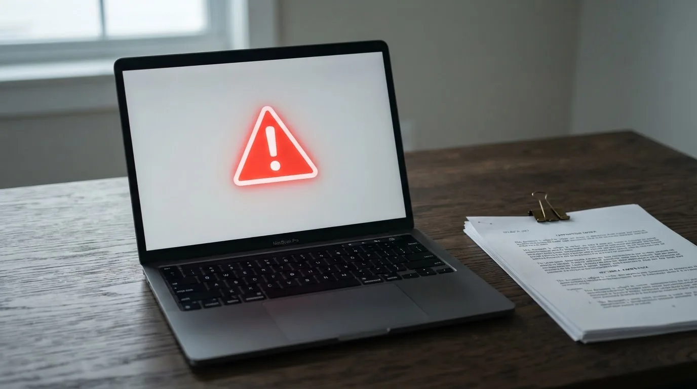 A red triangular warning sign icon on a laptop screen next to a stack of legal papers, symbolising an official caution rather than any specific website.