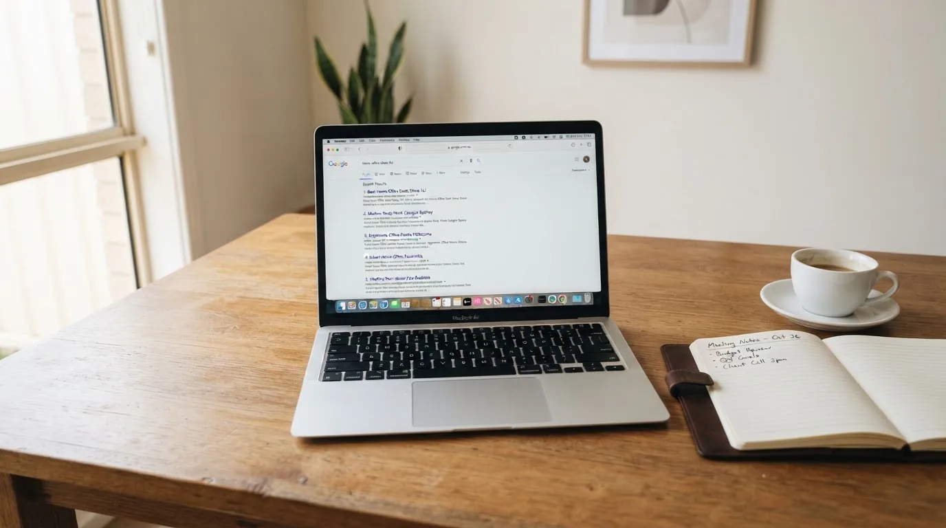 A tidy desk with a laptop open on a plain search-results page, a notebook and a coffee cup beside it, no screens showing any casino branding.