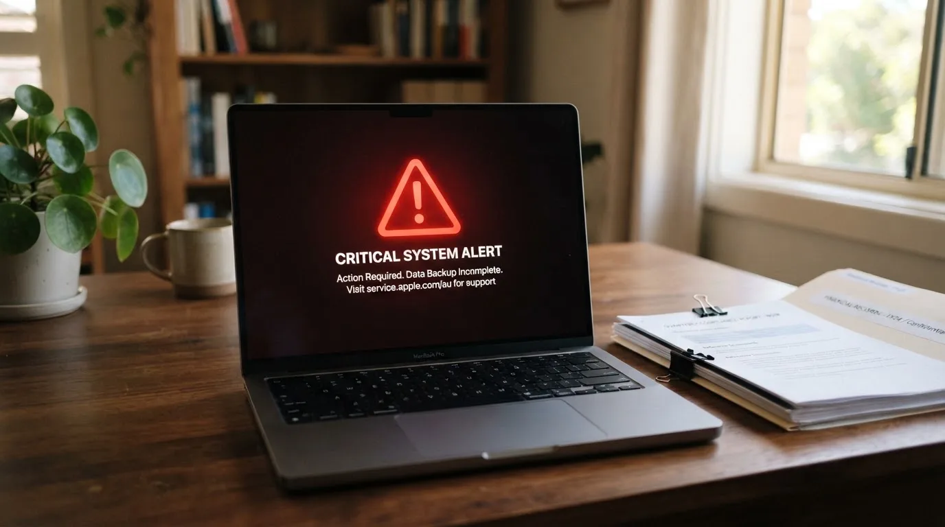 A red triangular warning sign icon on a laptop screen next to a stack of legal papers, symbolising an official caution rather than any specific website.
