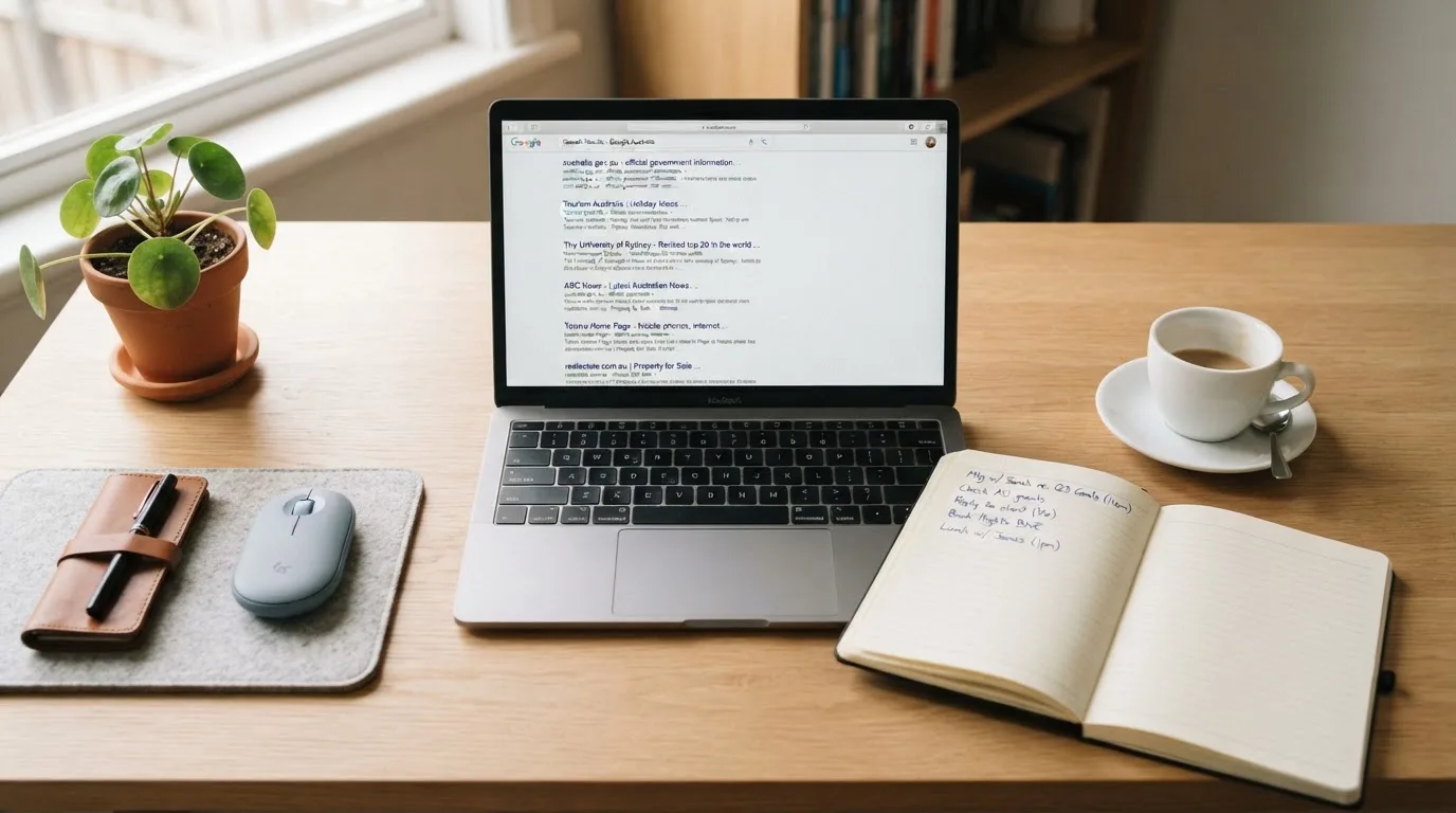 A tidy desk with a laptop open on a plain search-results page, a notebook and a coffee cup beside it, no screens showing any casino branding.
