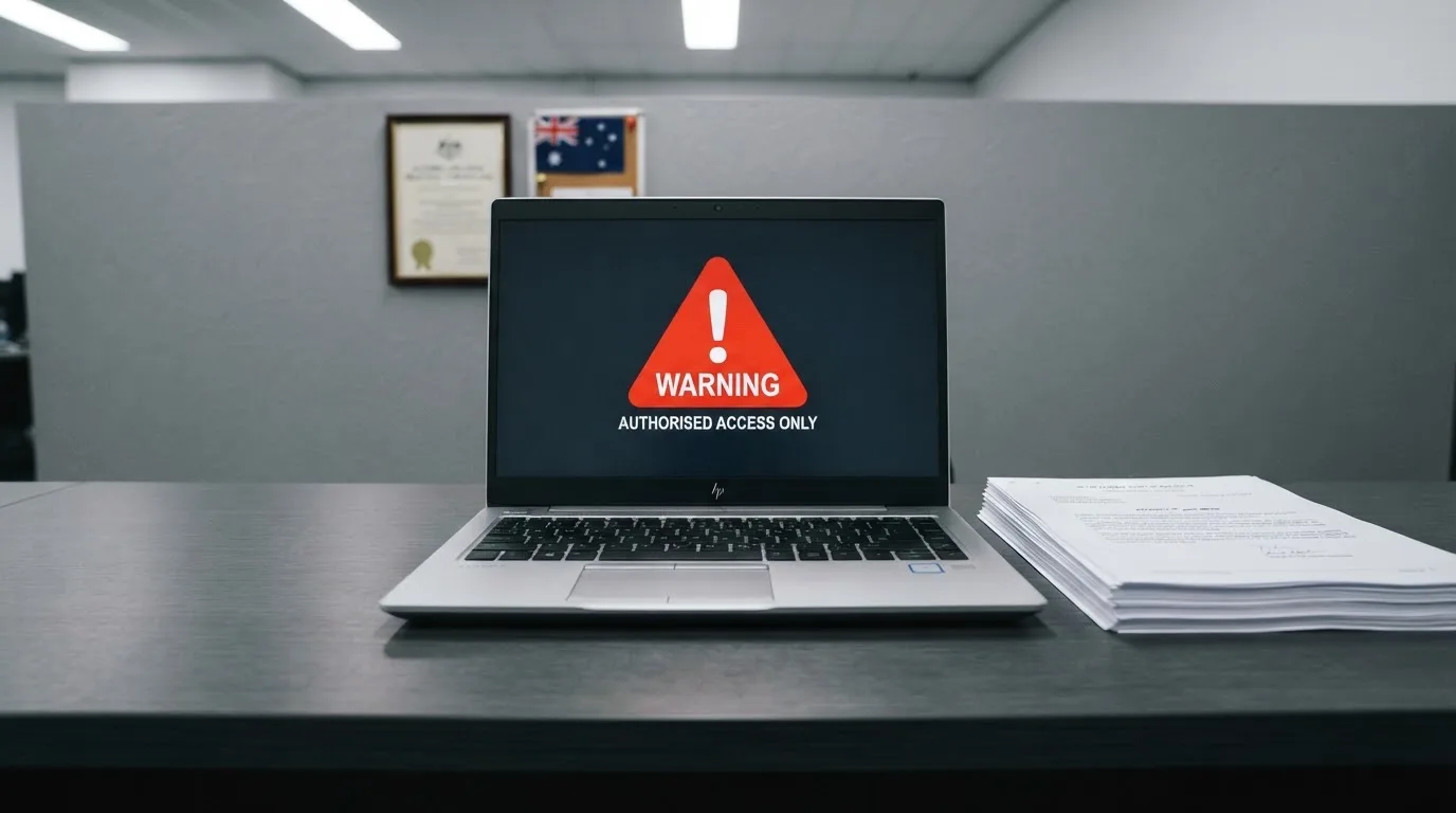 A red triangular warning sign icon on a laptop screen next to a stack of legal papers, symbolising an official caution rather than any specific website.