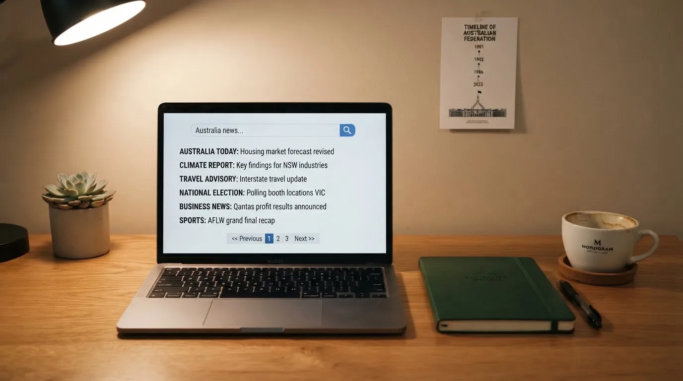 A tidy desk with a laptop open on a plain search-results page, a notebook and a coffee cup beside it, no screens showing any casino branding.