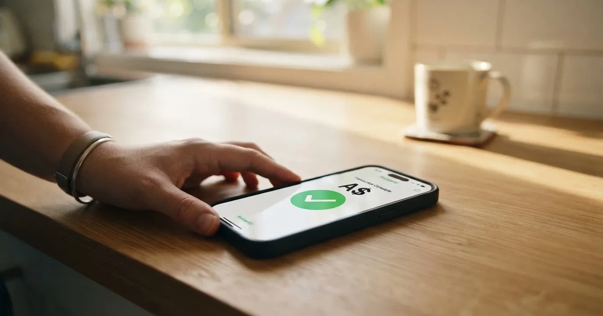 A smartphone screen showing a generic bank-transfer confirmation tick, held over a kitchen table.