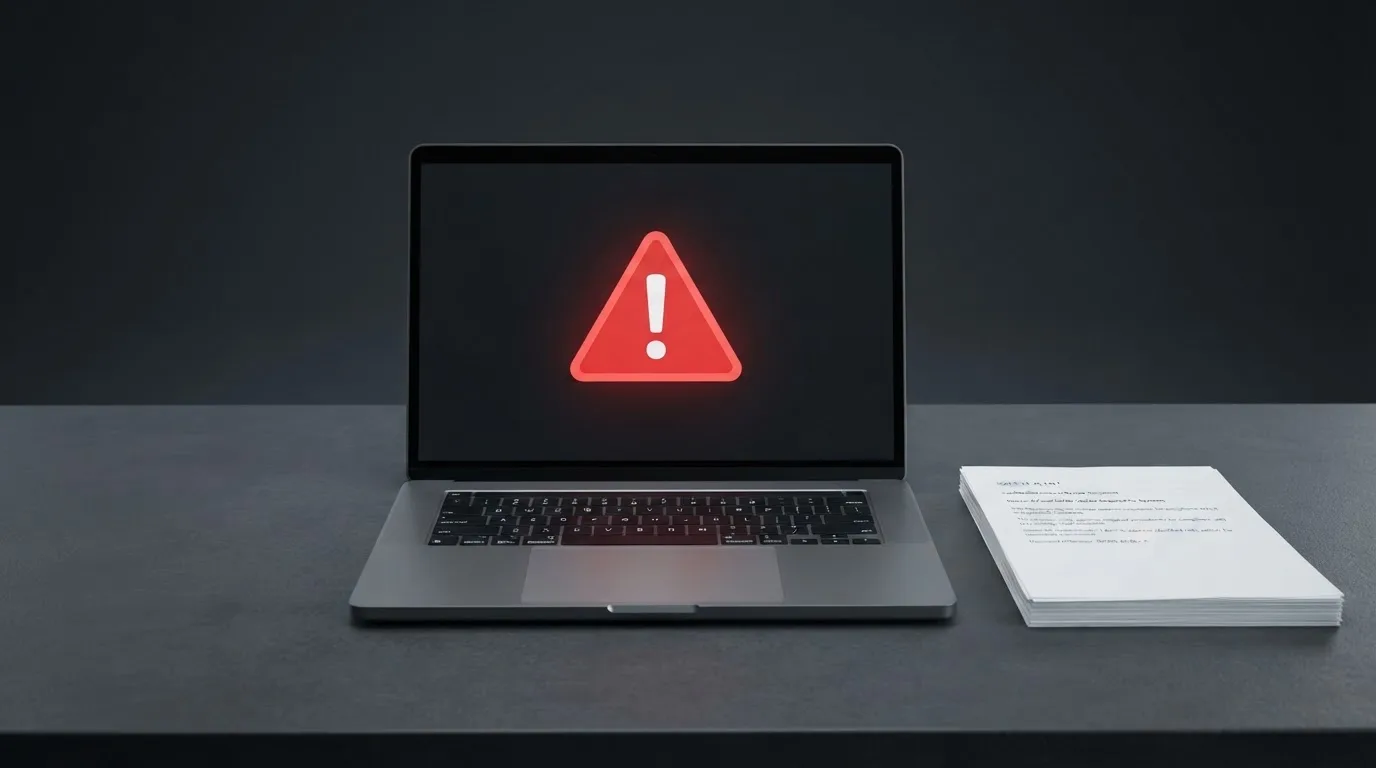 A red triangular warning sign icon on a laptop screen next to a stack of legal papers, symbolising an official caution rather than any specific website.