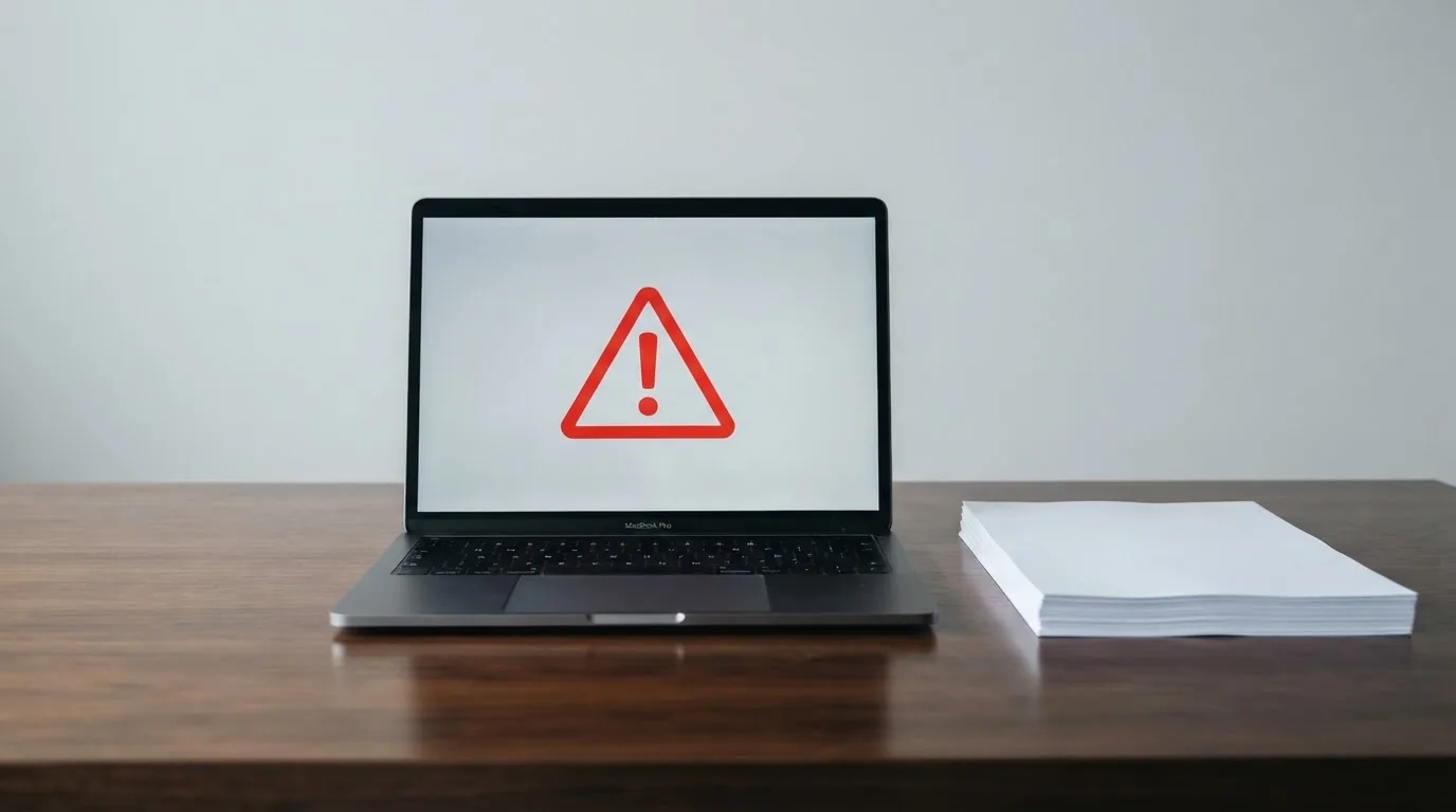 A red triangular warning sign icon on a laptop screen next to a stack of legal papers, symbolising an official caution rather than any specific website.