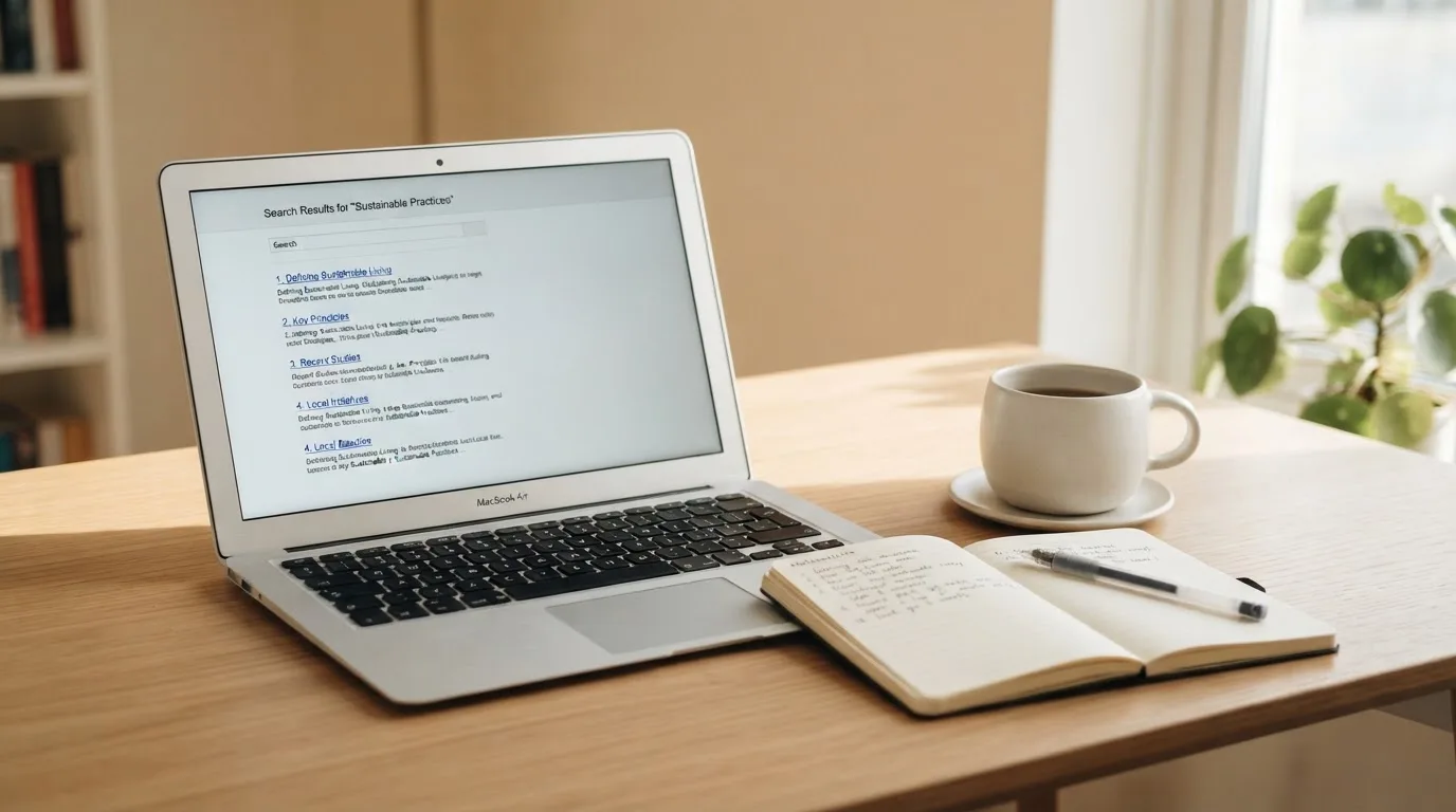 A tidy desk with a laptop open on a plain search-results page, a notebook and a coffee cup beside it, no screens showing any casino branding.