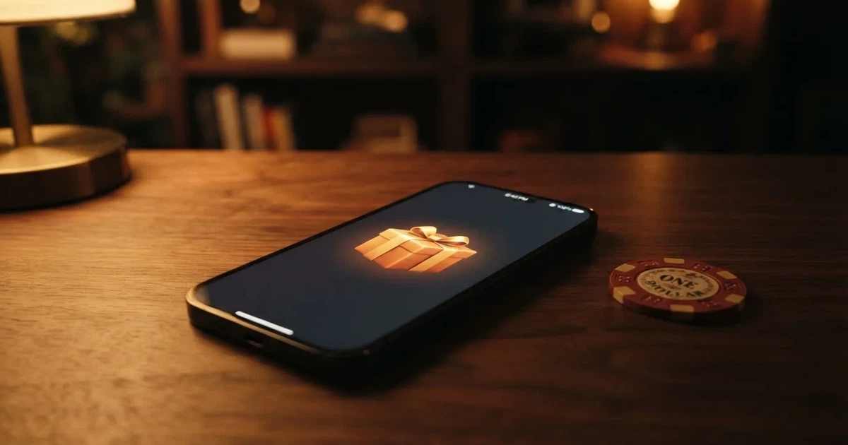 A gift box icon glowing on a phone screen, held at arm's length, suggesting an unopened offer rather than an active game.