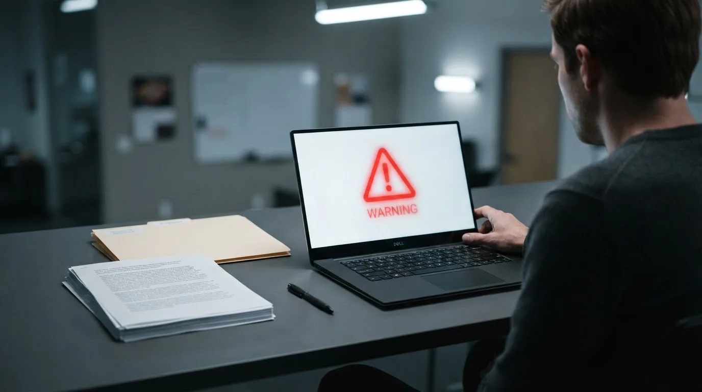 A red triangular warning sign icon on a laptop screen next to a stack of legal papers, symbolising an official caution rather than any specific website.