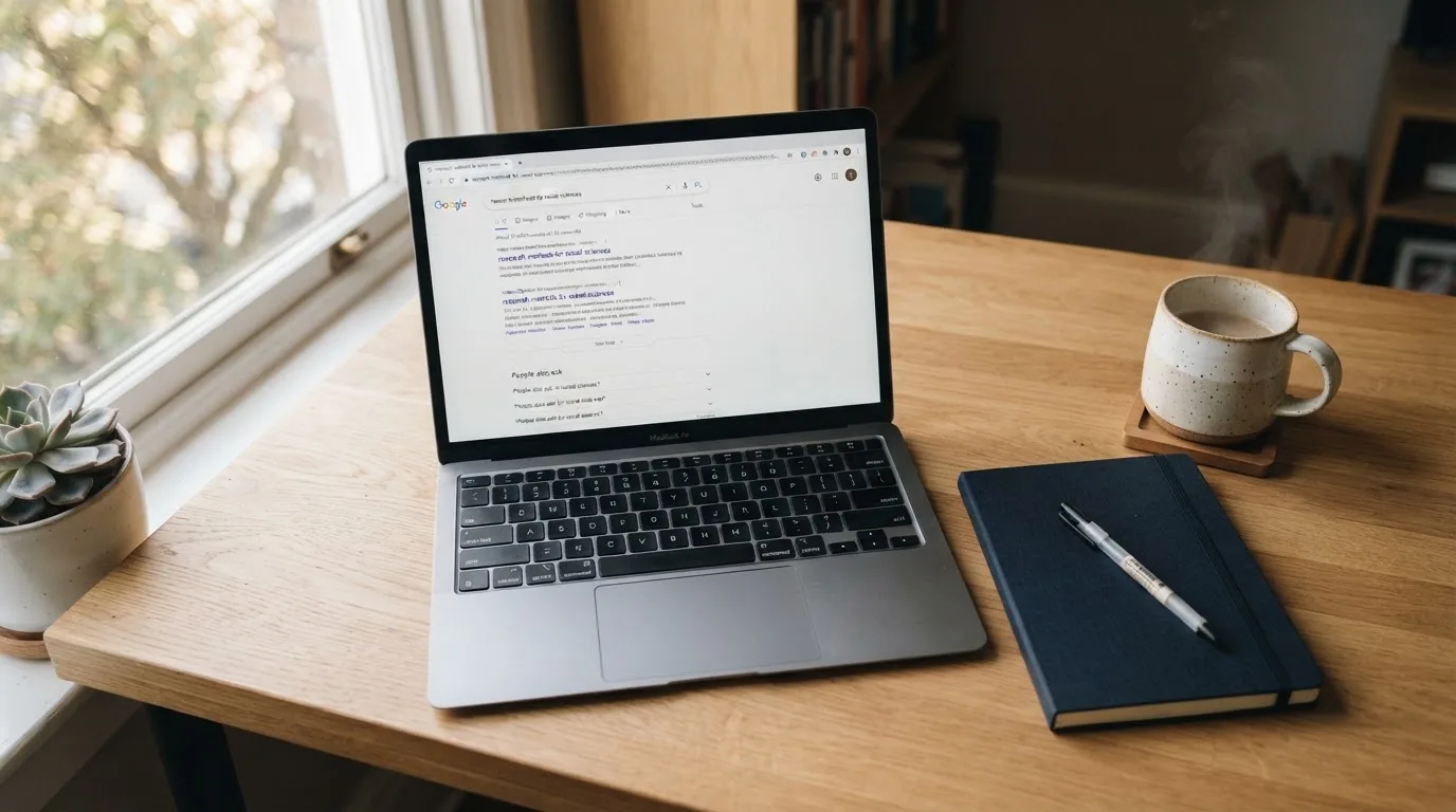 A tidy desk with a laptop open on a plain search-results page, a notebook and a coffee cup beside it, no screens showing any casino branding.
