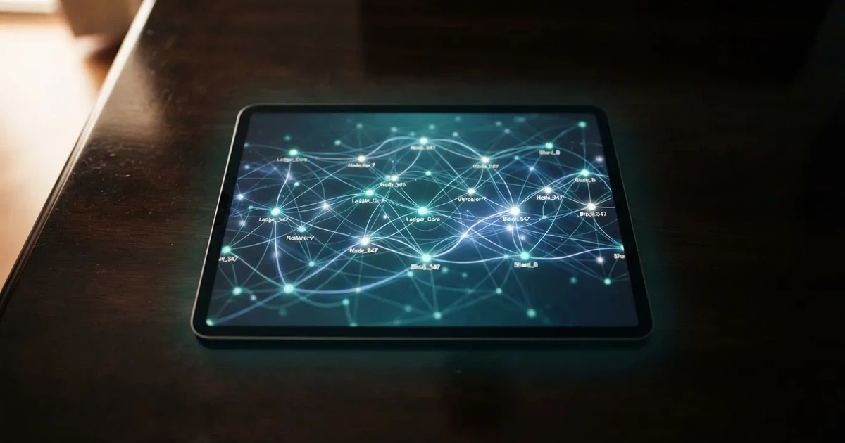 A network of glowing connected nodes displayed on a tablet screen, representing a distributed ledger diagram.