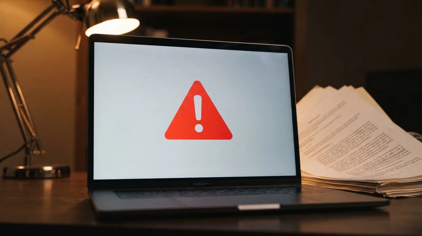A red triangular warning sign icon on a laptop screen next to a stack of legal papers, symbolising an official caution rather than any specific website.