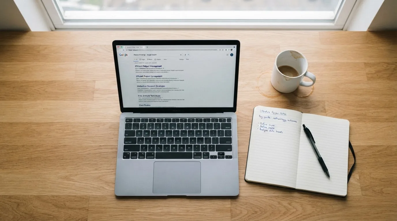 A tidy desk with a laptop open on a plain search-results page, a notebook and a coffee cup beside it, no screens showing any casino branding.