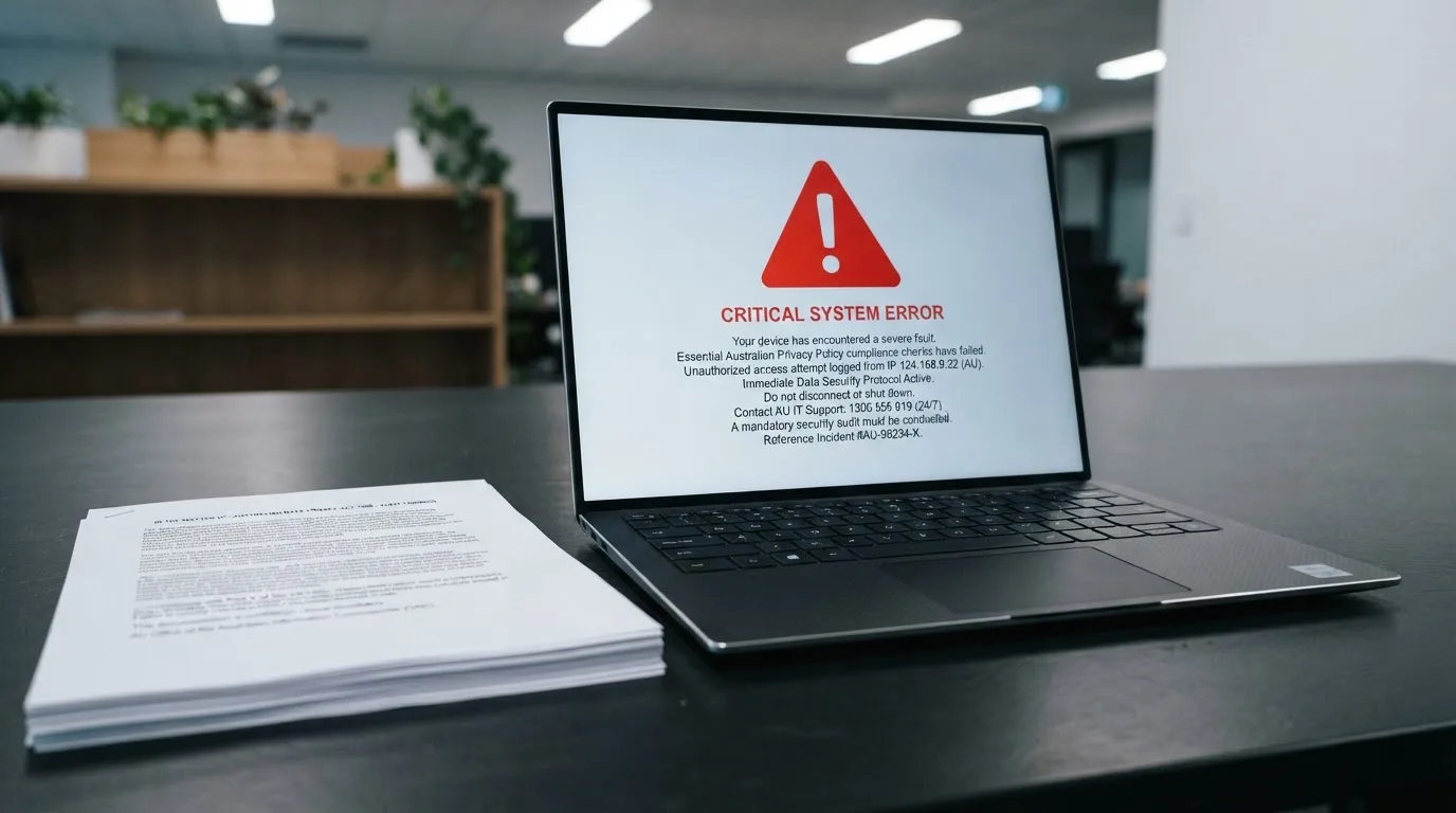 A red triangular warning sign icon on a laptop screen next to a stack of legal papers, symbolising an official caution rather than any specific website.