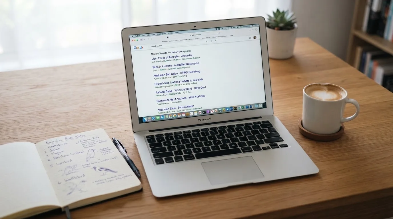 A tidy desk with a laptop open on a plain search-results page, a notebook and a coffee cup beside it, no screens showing any casino branding.